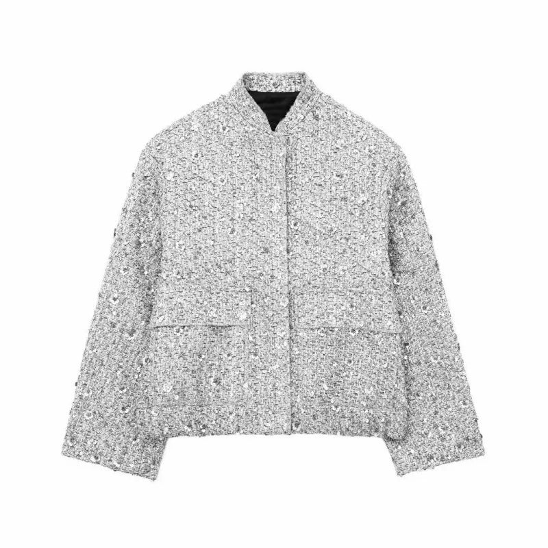 Sophisticated women's metallic jacket. Elegant, tailored fit for a chic mid-season spring/autumn look.