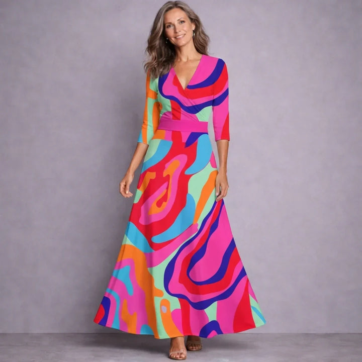 Flowy elegant women's maxi dress with comfortable mid-sleeves, suitable for spring events, summer outings & ladies fashion.