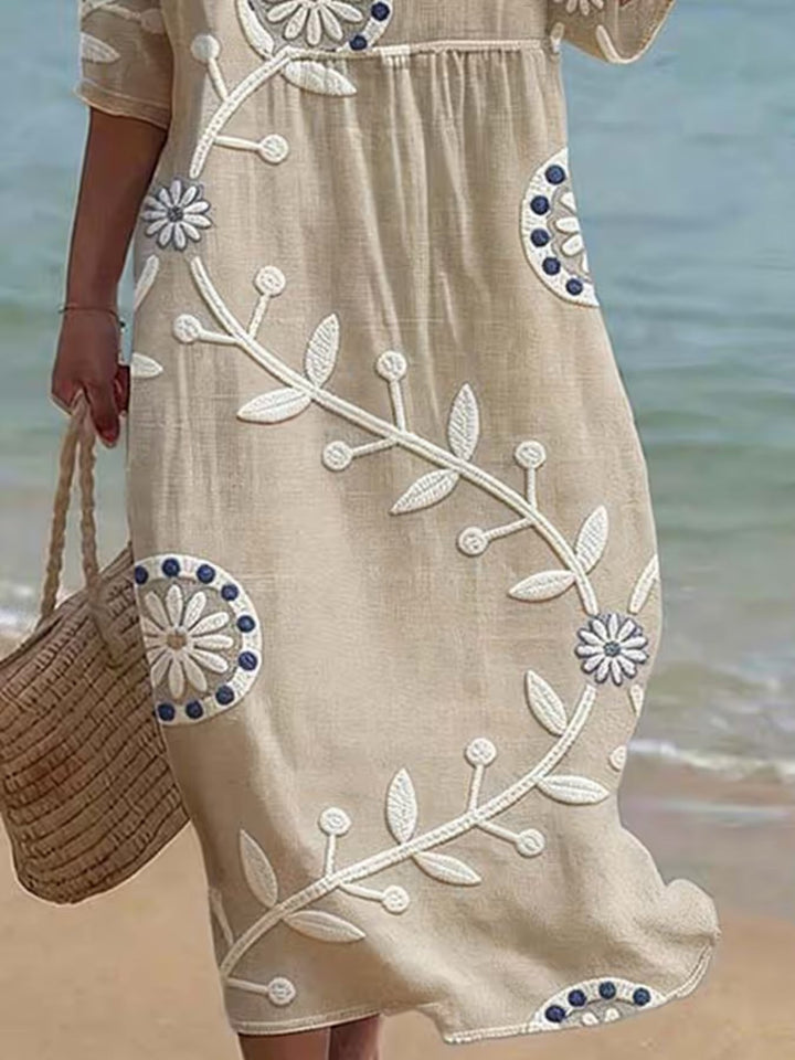 Timeless women's midi dress with mid sleeves, offering a flattering silhouette for elegant everyday and casual wear.