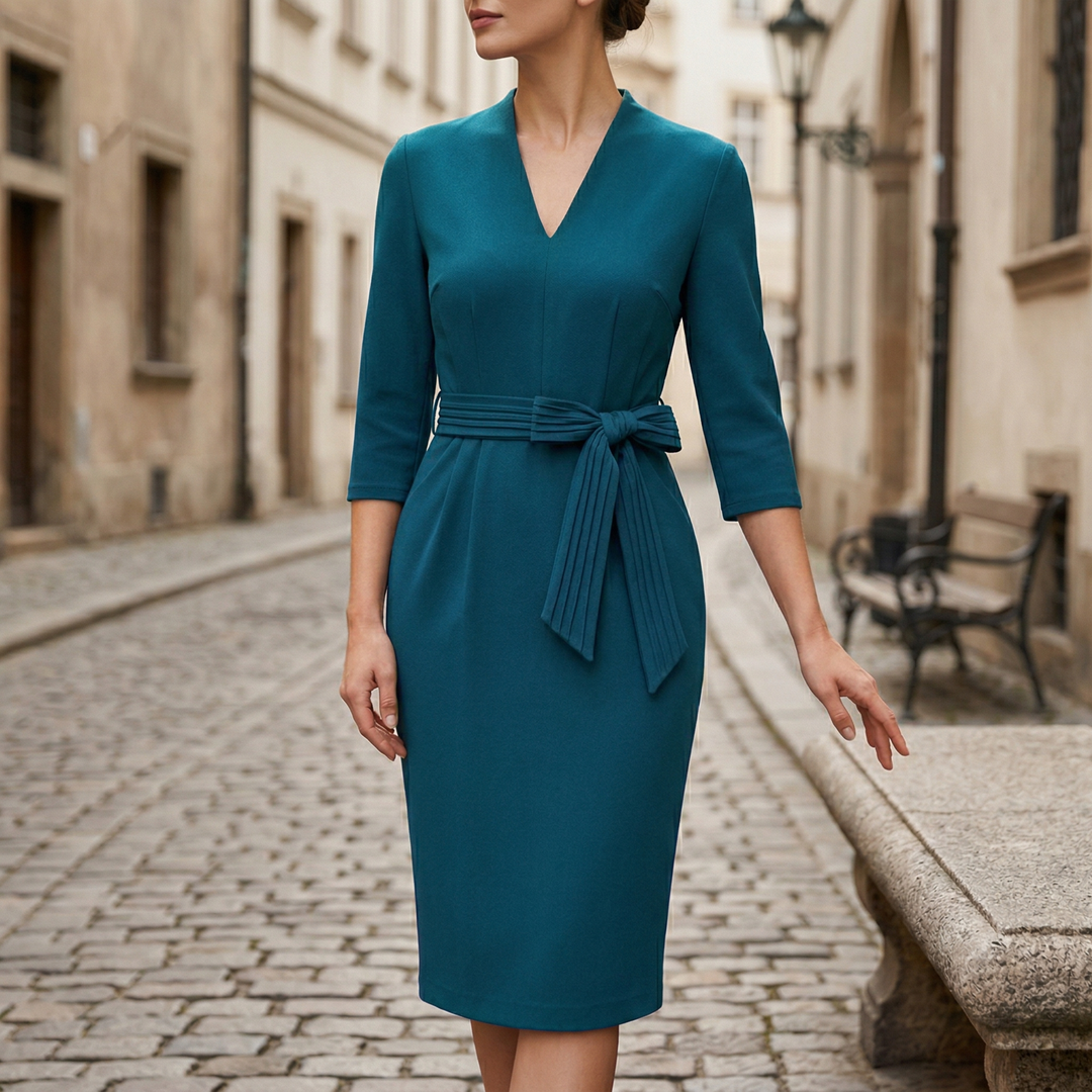Elegant women's midi belted formal dress with v-neck, perfect for office, workwear, and professional occasions.