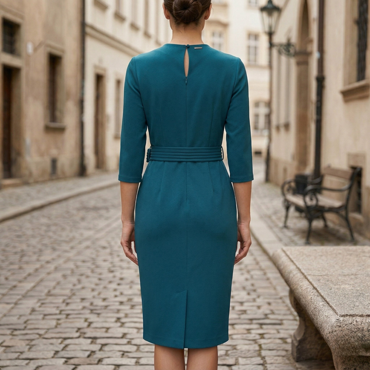 Tailored women's knee-length midi dress, belted for a sleek fit. Ideal for formal events & office wear.