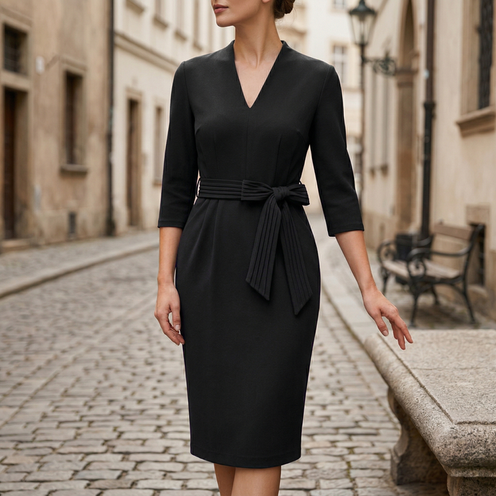Stylish women's formal midi dress with a defined waist belt. A sophisticated choice for business or events.