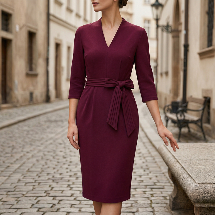 Chic women's belted midi dress for office or formal wear. Tailored v-neck design, knee-length elegance.