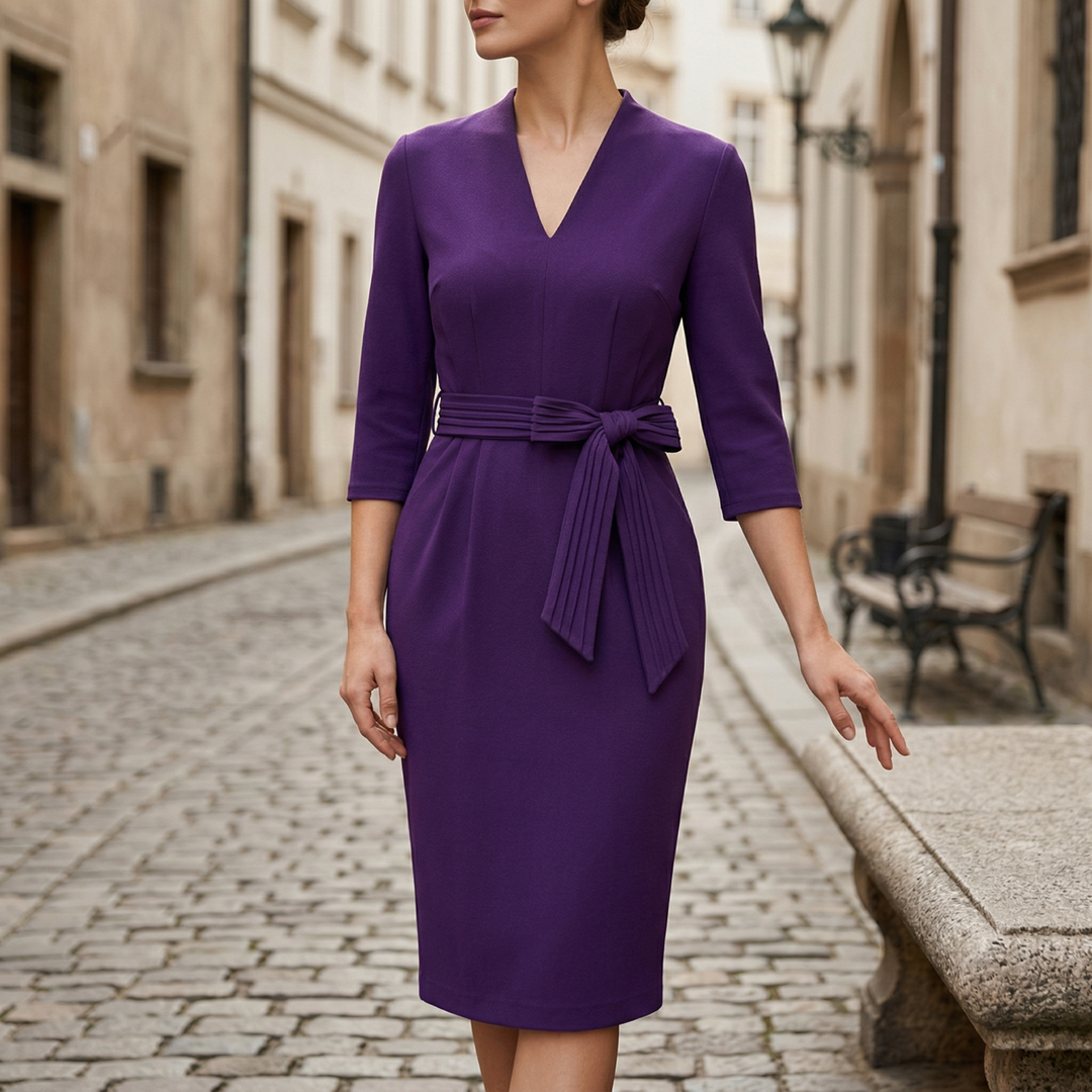 Women's professional midi dress, belted for a tailored fit. V-neck, knee-length, ideal for workwear & formal events.