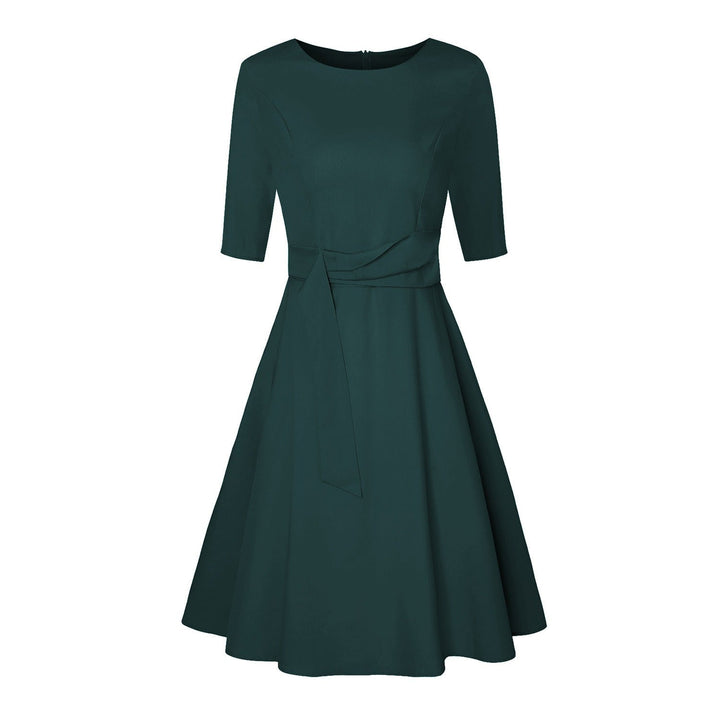 Navy women's elegant midi blouse with three-quarter sleeves, featuring a stylish bow and tie-waist.