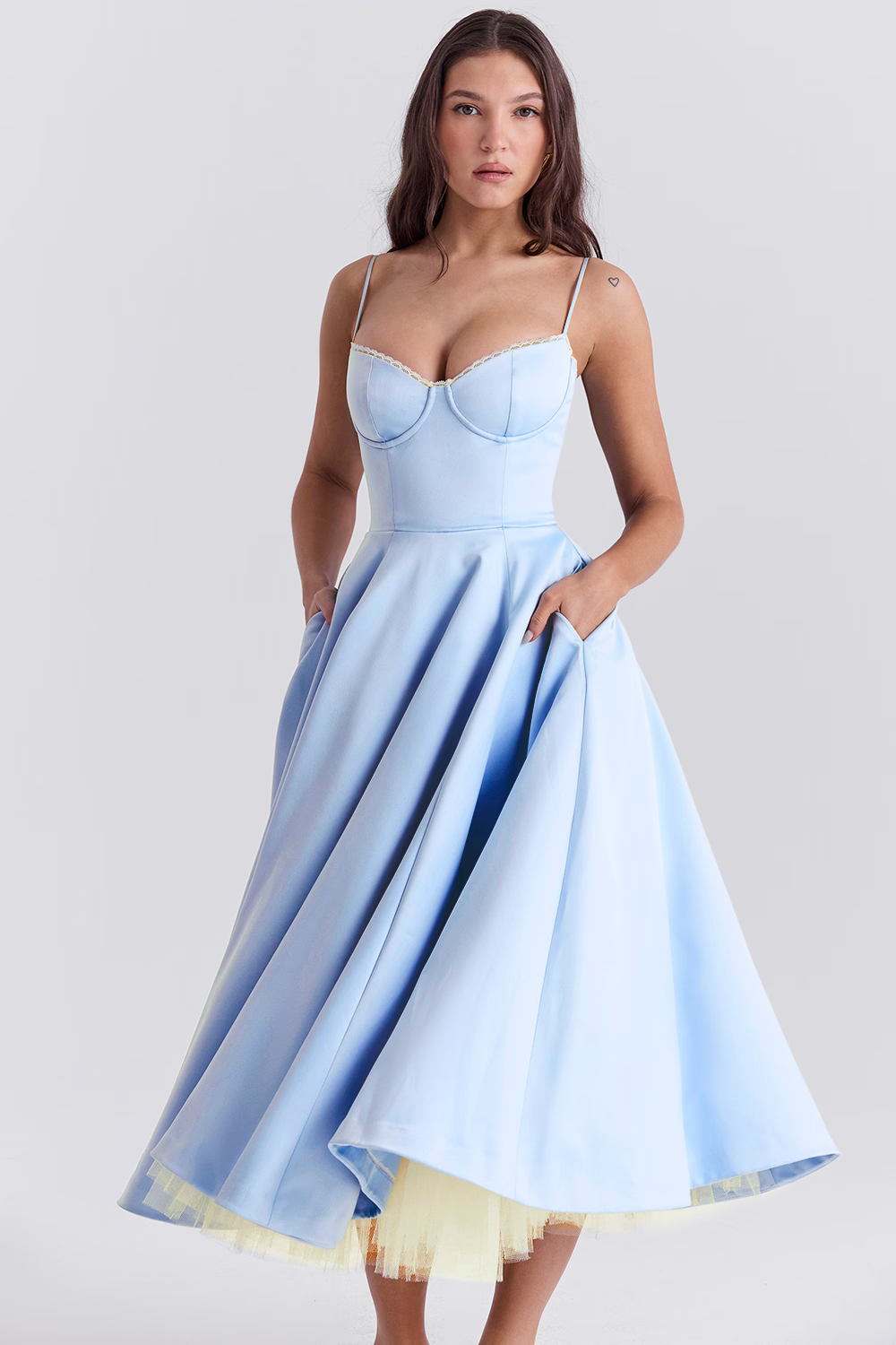 Elegant women's midi bridesmaid dress with corset bodice, A-line skirt & adjustable straps.