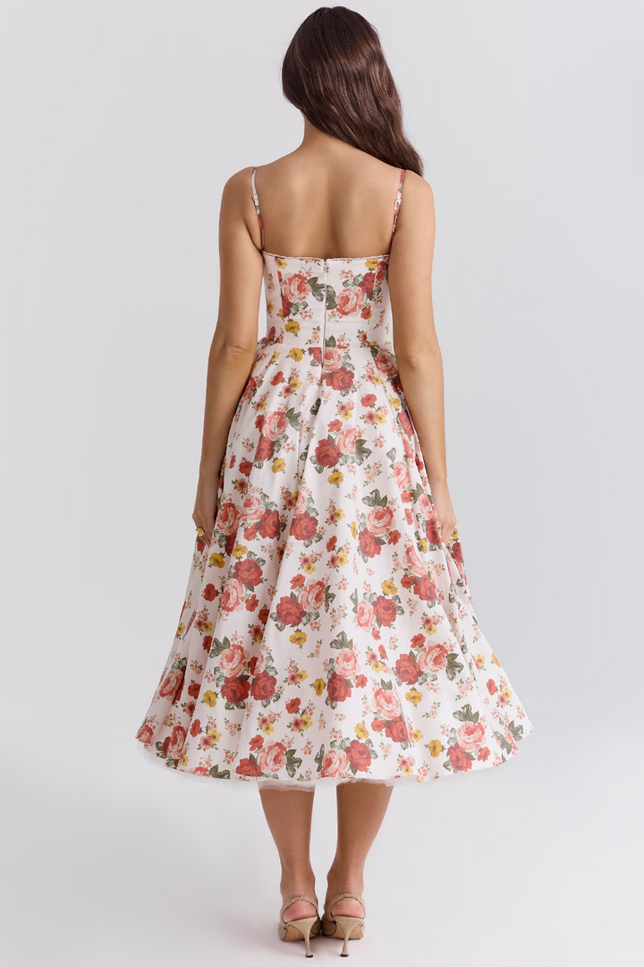 Bridesmaid midi dress for women, featuring a delicate corset bodice and an elegant flowy skirt.