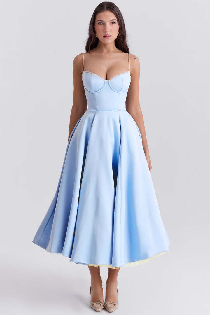 Women's party midi dress, elegant with a fitted corset bodice and comfortable A-line skirt.