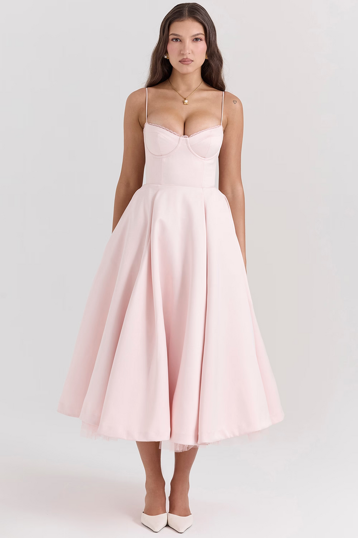 Formal women's midi dress, ideal for bridesmaids, with an elegant corset top and deep pockets.