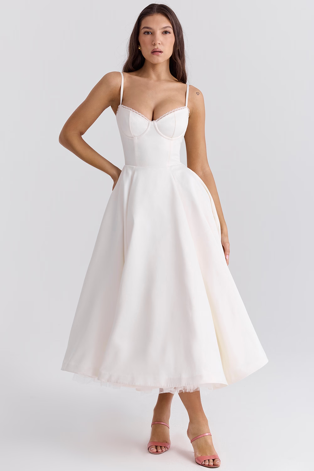 Elegant women's occasion wear midi dress, featuring a sophisticated corset bodice and adjustable straps.
