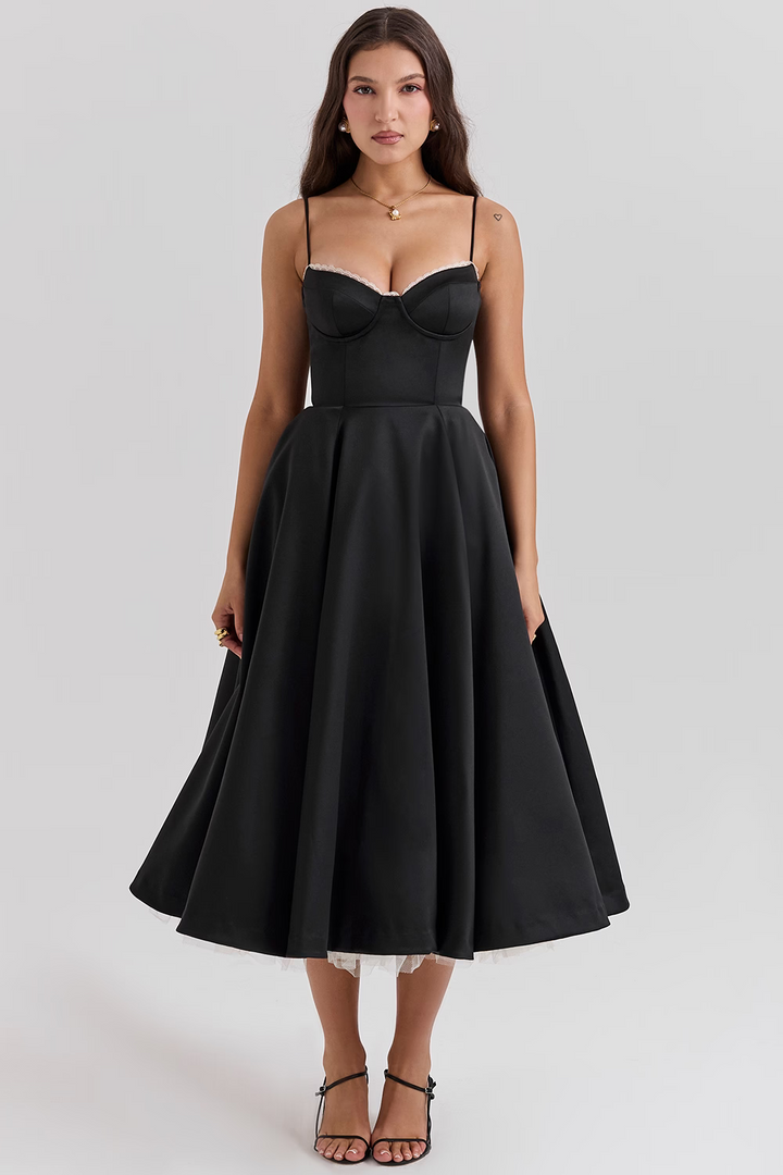 A-line midi bridesmaid dress for women, with an elegant corset and practical pockets for essentials.