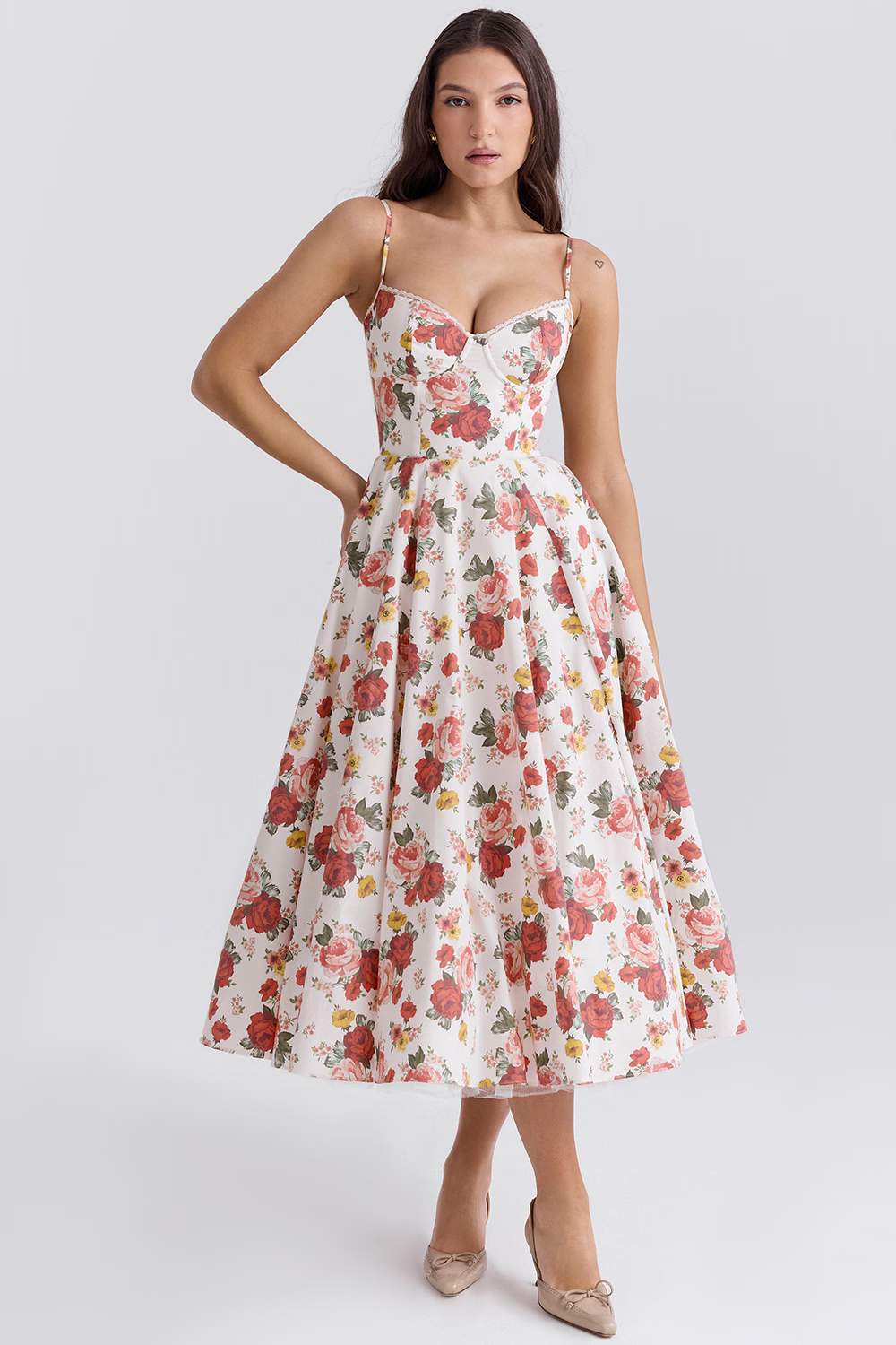Women's formal midi dress with elegant corset bodice, perfect for parties and special occasions.