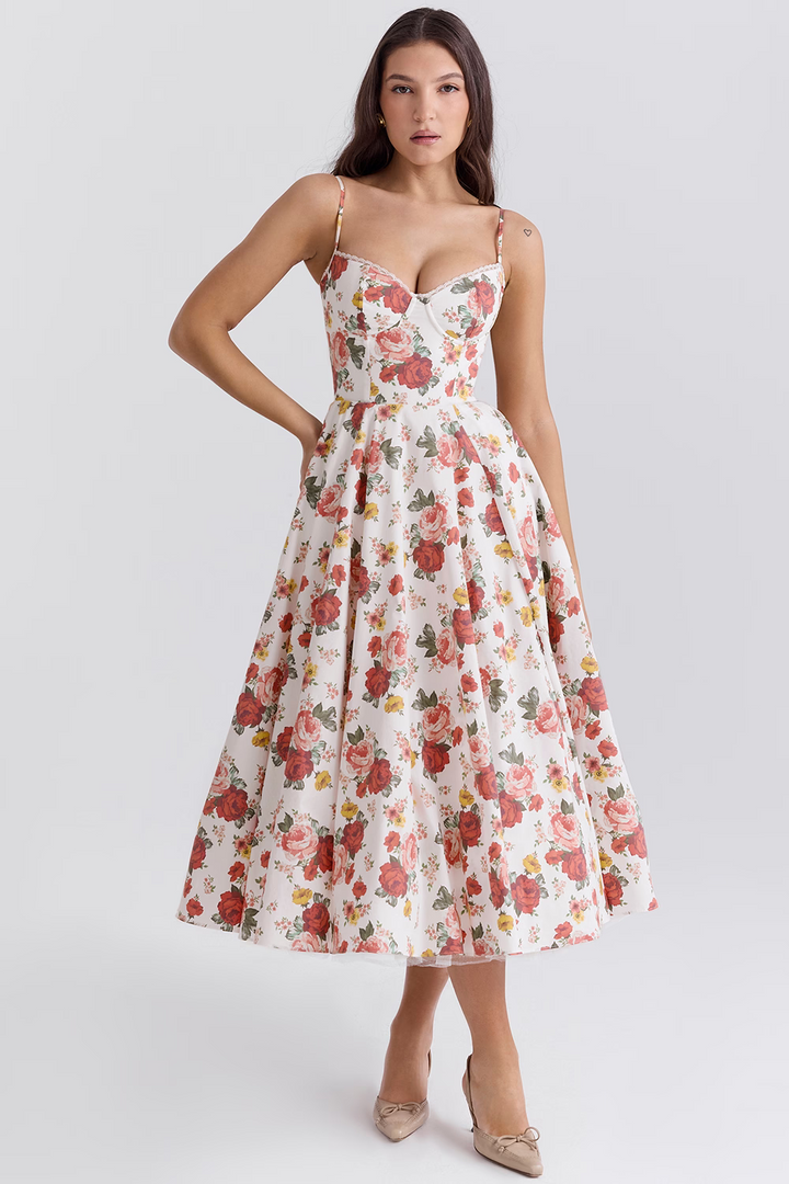 Women's formal midi dress with elegant corset bodice, perfect for parties and special occasions.