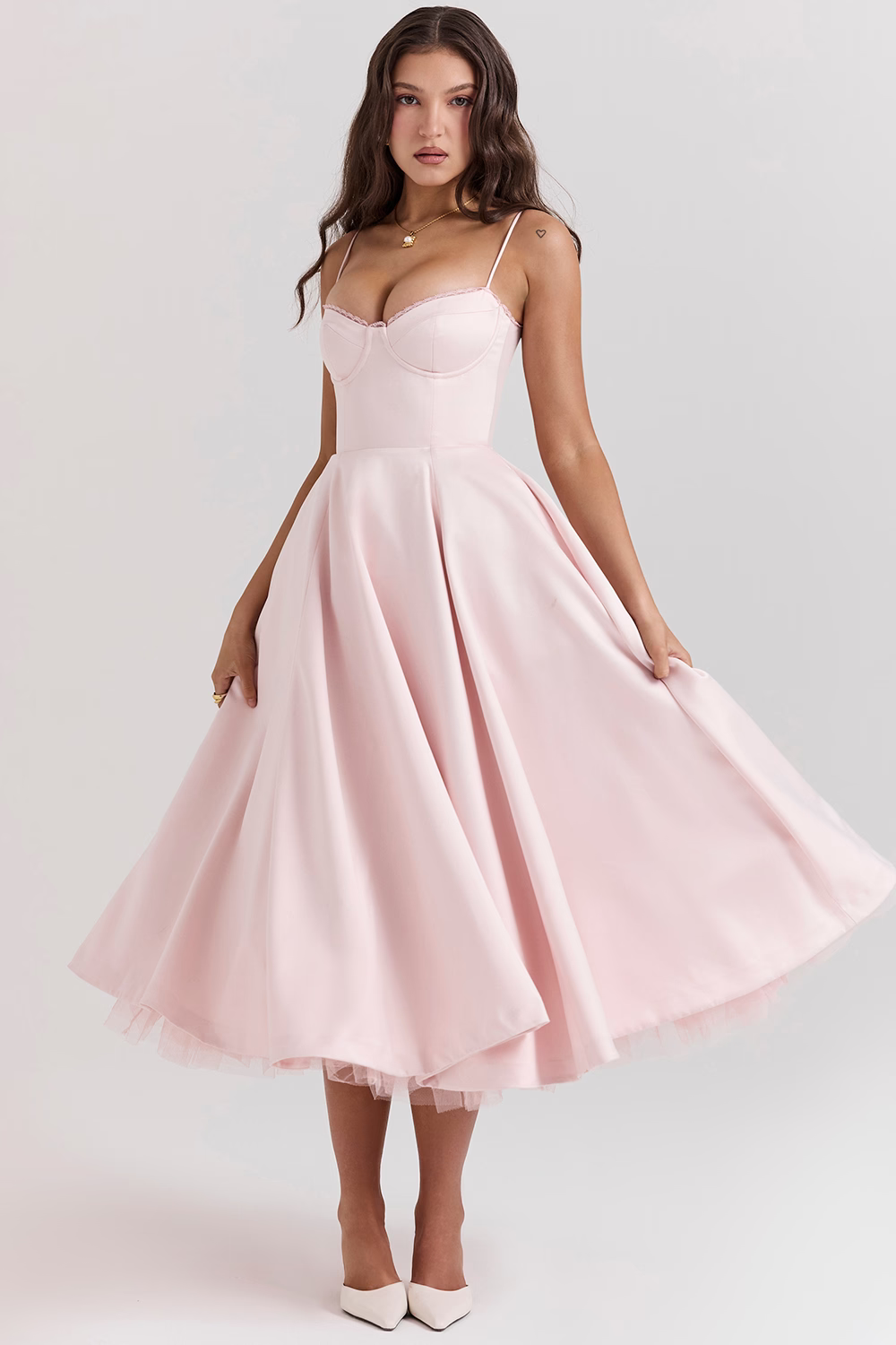 Bridesmaid A-line midi dress with a stylish corset bodice and adjustable spaghetti straps.
