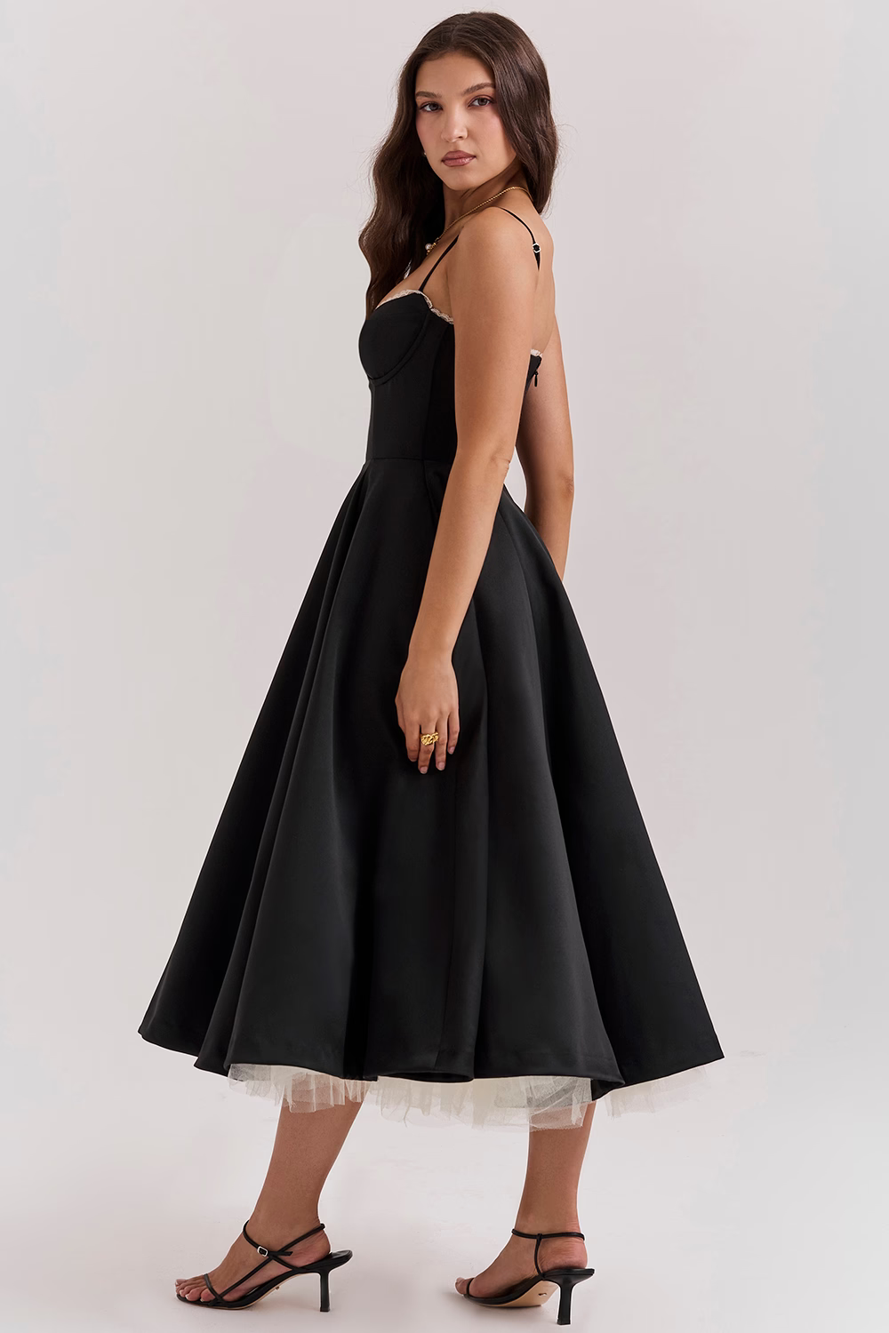 Women's A-line bridesmaid midi dress, showcasing a beautiful corset design and adjustable straps.