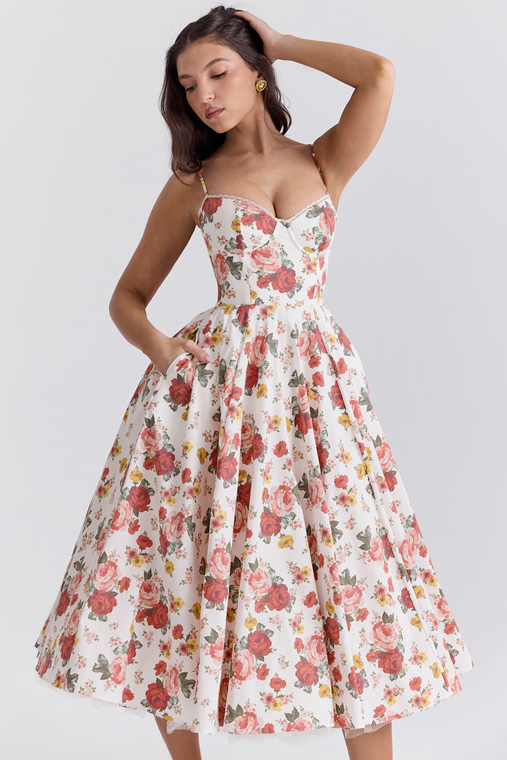 Elegant women's formal occasion midi dress with a structured corset bodice & graceful silhouette.