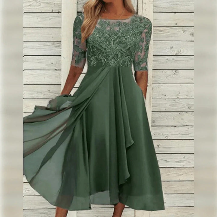 Women's elegant party dress, a stylish midi length suitable for formal events & evening wear.