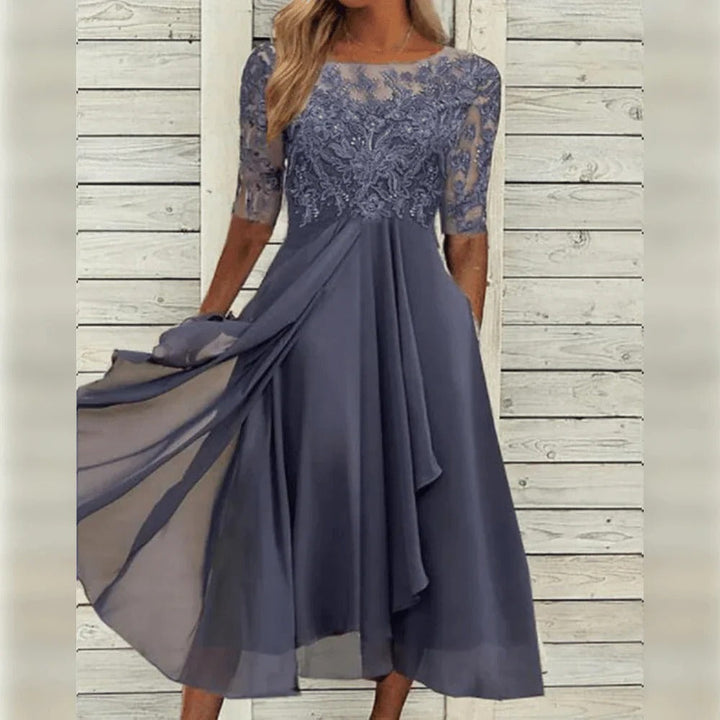 Formal women's midi dress with an elegant design, ideal for special event attire & evening parties.