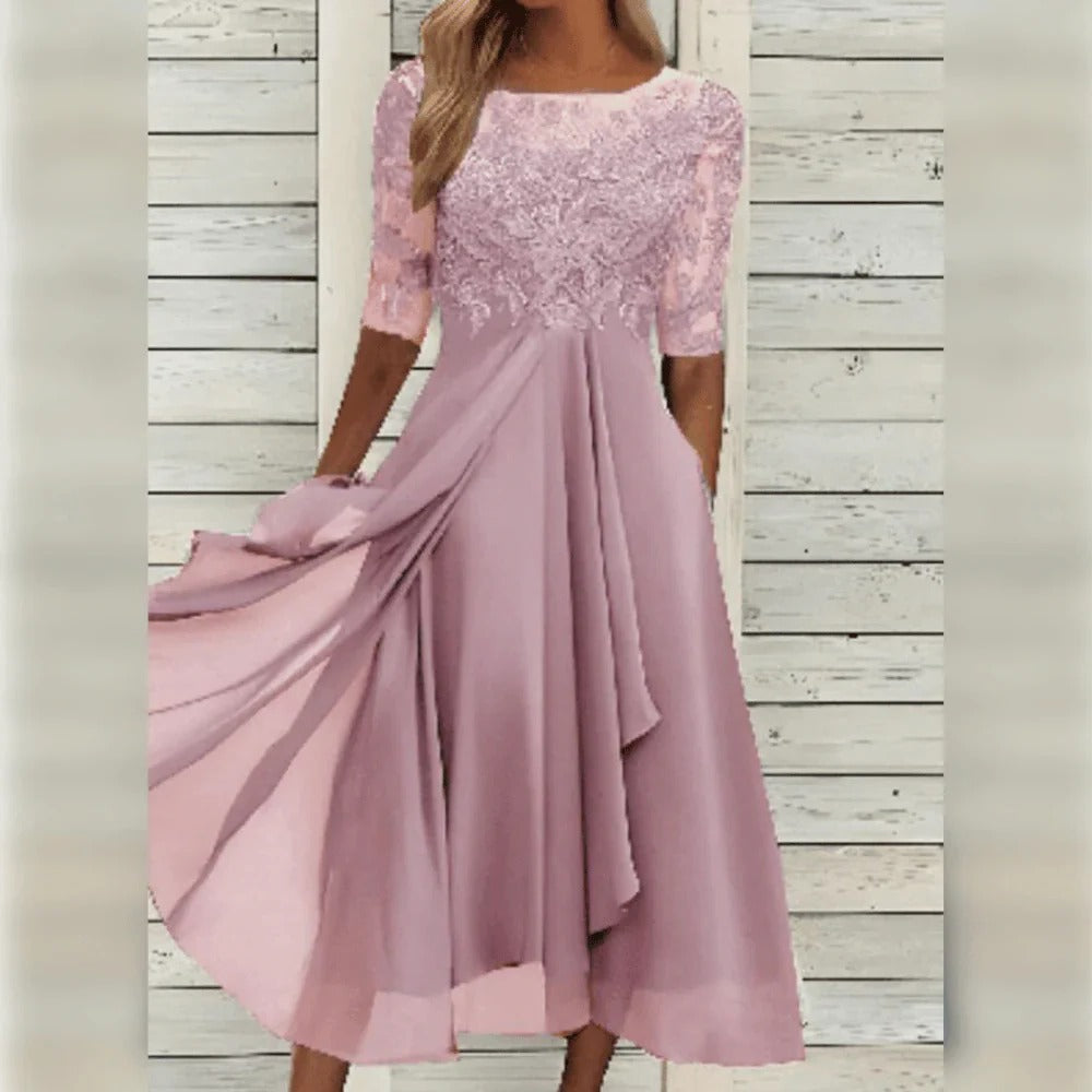Stylish women's three-quarter sleeve midi dress for special occasions. Elegant party & wedding guest dress.
