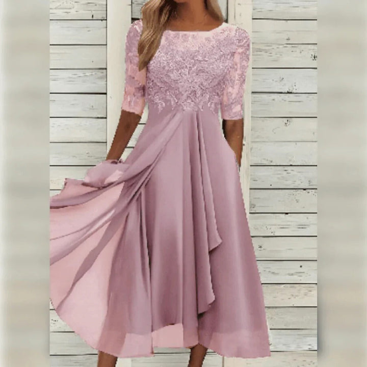 Stylish women's three-quarter sleeve midi dress for special occasions. Elegant party & wedding guest dress.