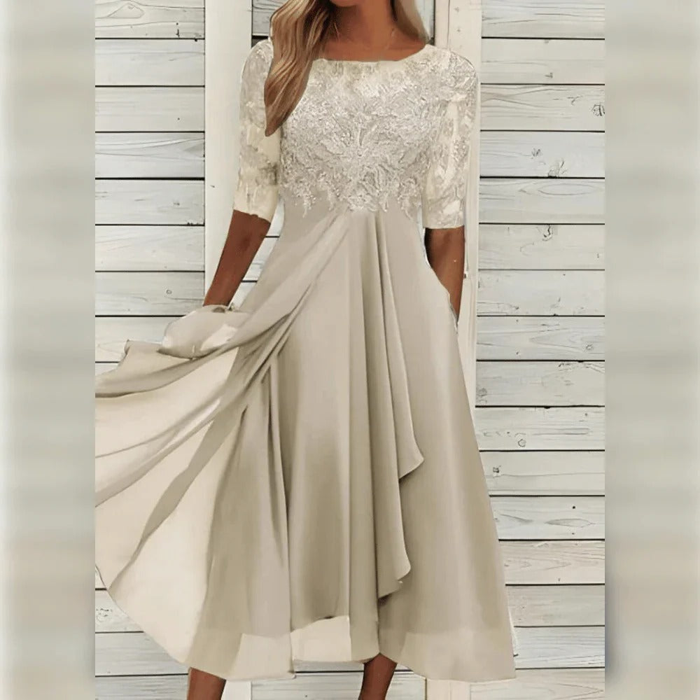 Chic women's formal midi dress; perfect elegant wear for parties, celebrations, and special events.