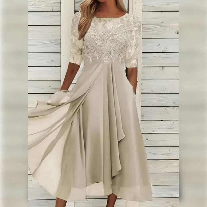 Chic women's formal midi dress; perfect elegant wear for parties, celebrations, and special events.