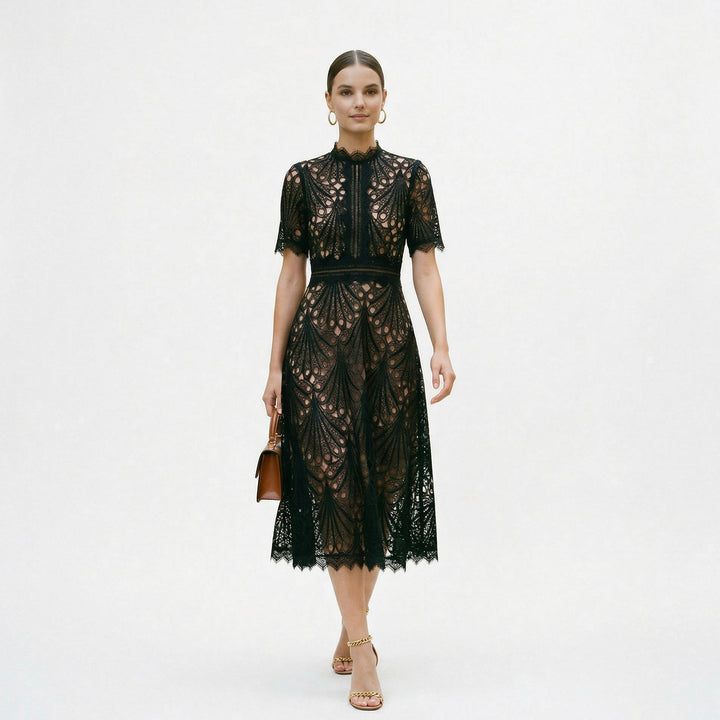 Elegant women's midi dress, perfect for wedding guests & formal events. Sophisticated party attire.