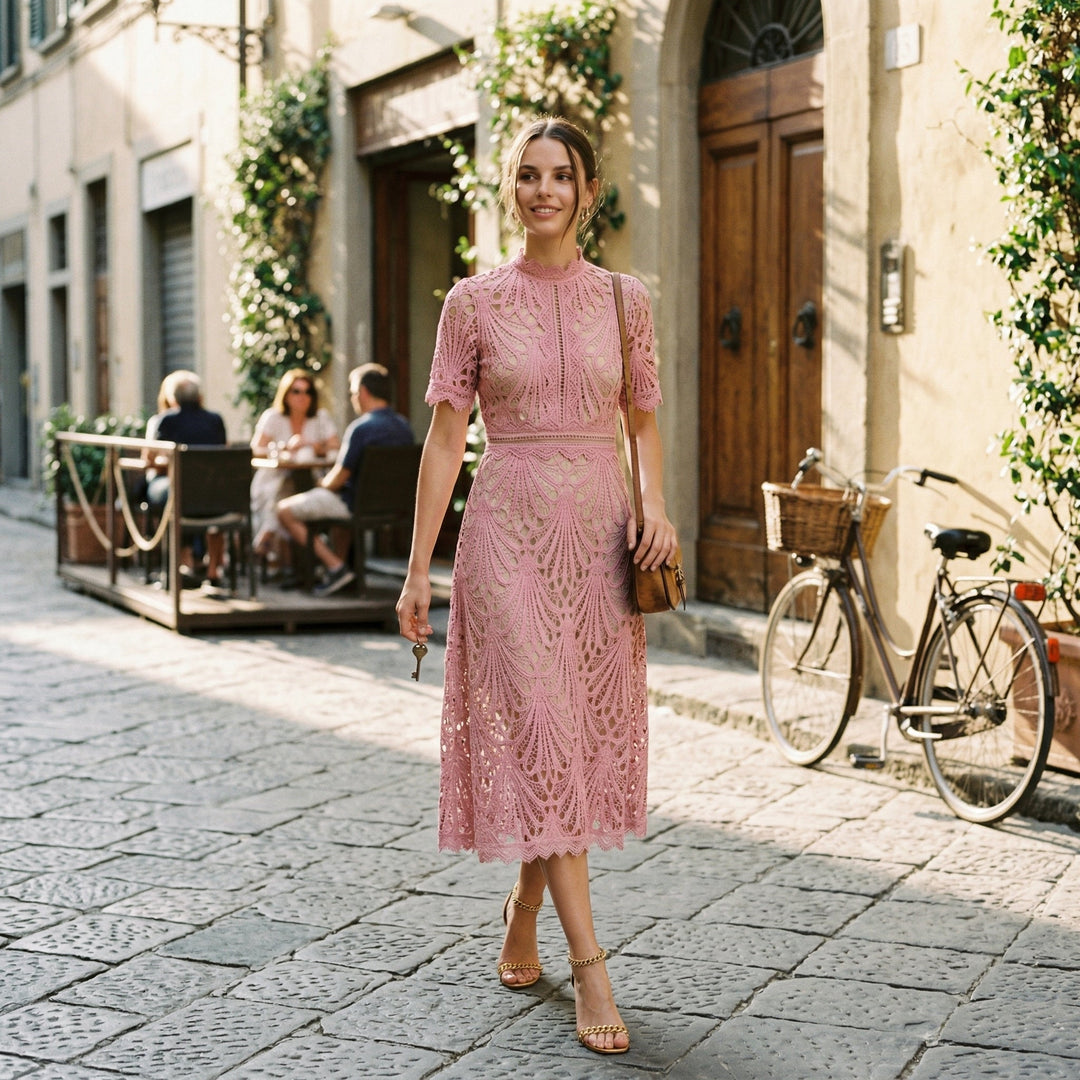 Modern formal midi dress for women. Elegant wedding guest attire with a sophisticated high-neck design.