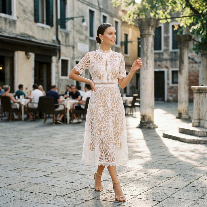 High-neck flared midi dress for women. Chic & elegant formal wear for wedding guests & special occasions.