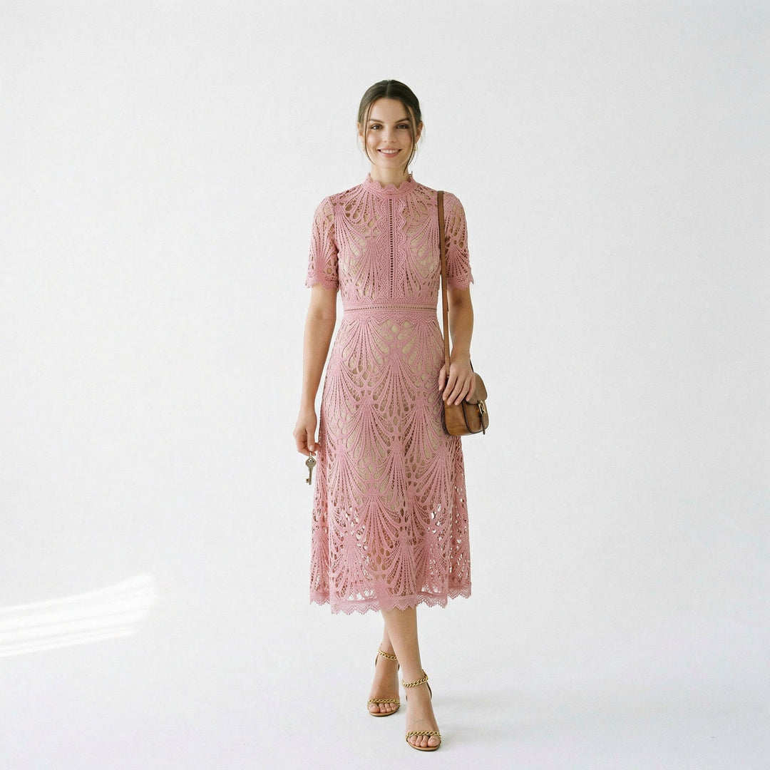 Flattering A-line midi dress with high neck. Elegant women's formal wear for wedding guests & events.