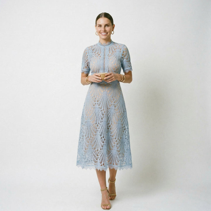 Chic high-neck midi dress, perfect as an elegant wedding guest dress or formal party attire for women.