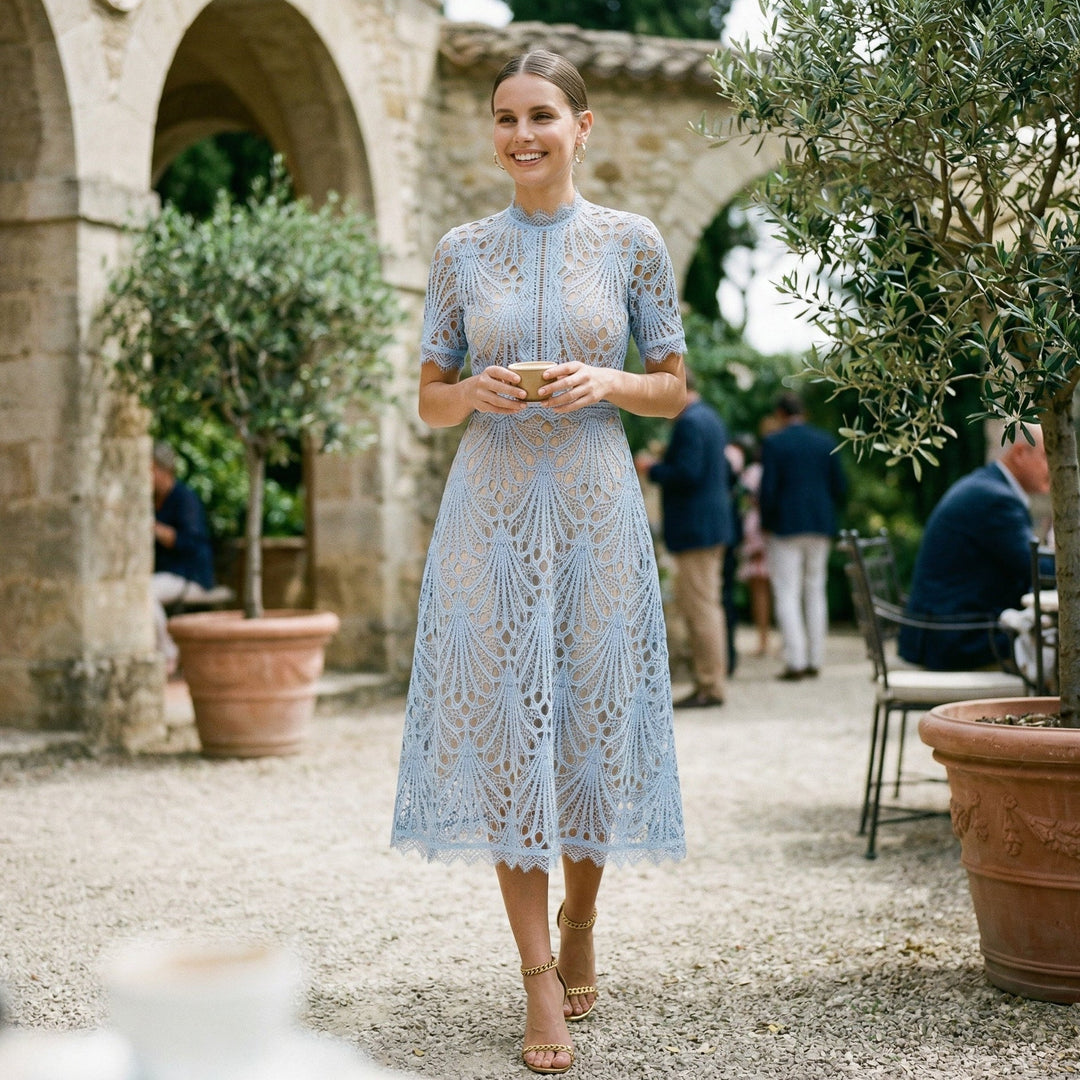 Elegant women's midi dress, designed for wedding guests & formal events. Sophisticated special occasion wear.