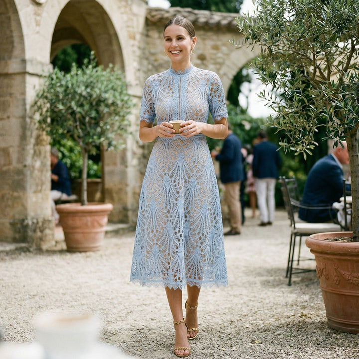 Elegant women's midi dress, designed for wedding guests & formal events. Sophisticated special occasion wear.