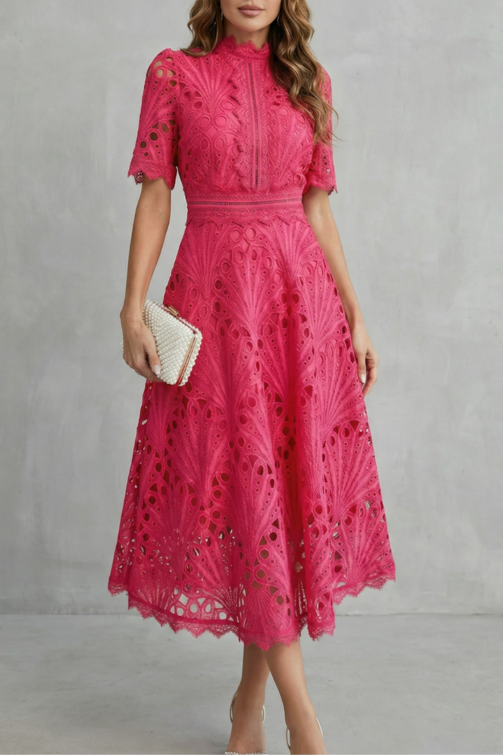 Elegant women's midi dress, perfect wedding guest attire. Flowing summer party dress for special occasions.