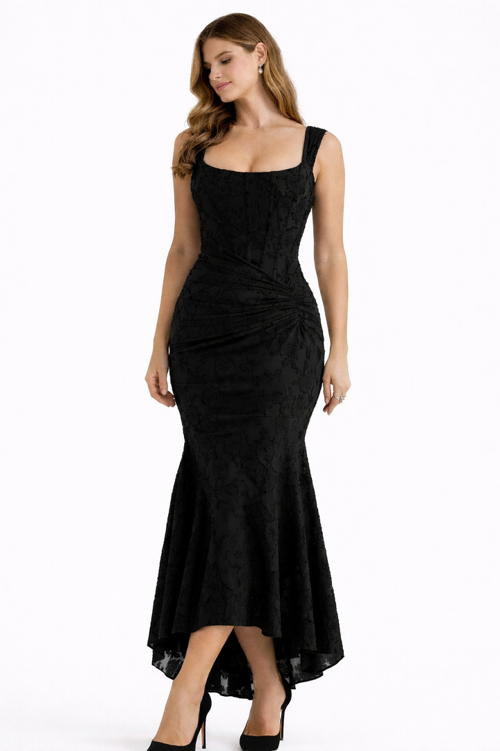 Beautiful women's cocktail midi dress with a graceful cowl neck, perfect for evening wear.