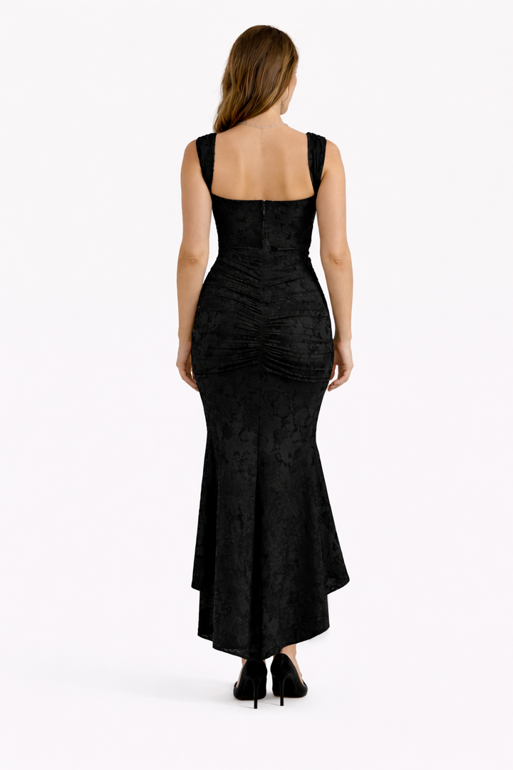 Sophisticated women's special occasion midi dress, showcasing an elegant cowl neck design.
