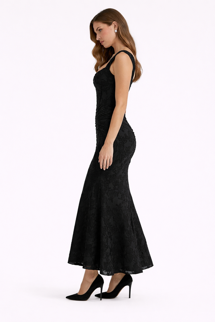 Formal women's midi dress with an elegant cowl neck, embodying timeless evening style.