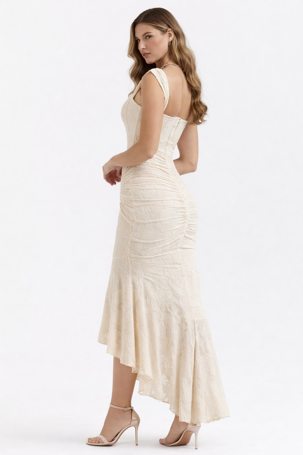 Sophisticated cowl neck midi dress for women, ideal as a cocktail or formal party dress.