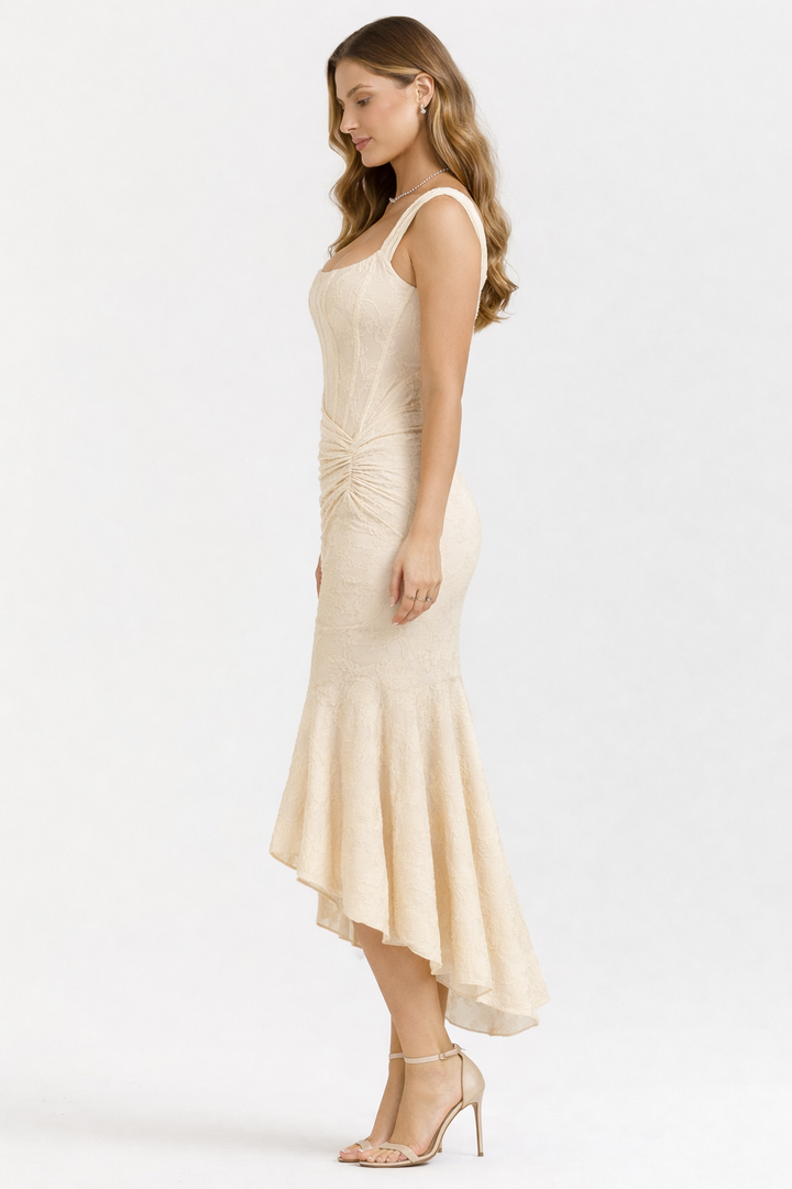 Timeless women's slip midi dress featuring an elegant cowl neck, great for evening fashion.