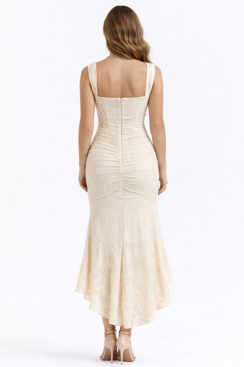 Feminine elegant midi dress with a beautiful cowl neck detail, suited for special events.
