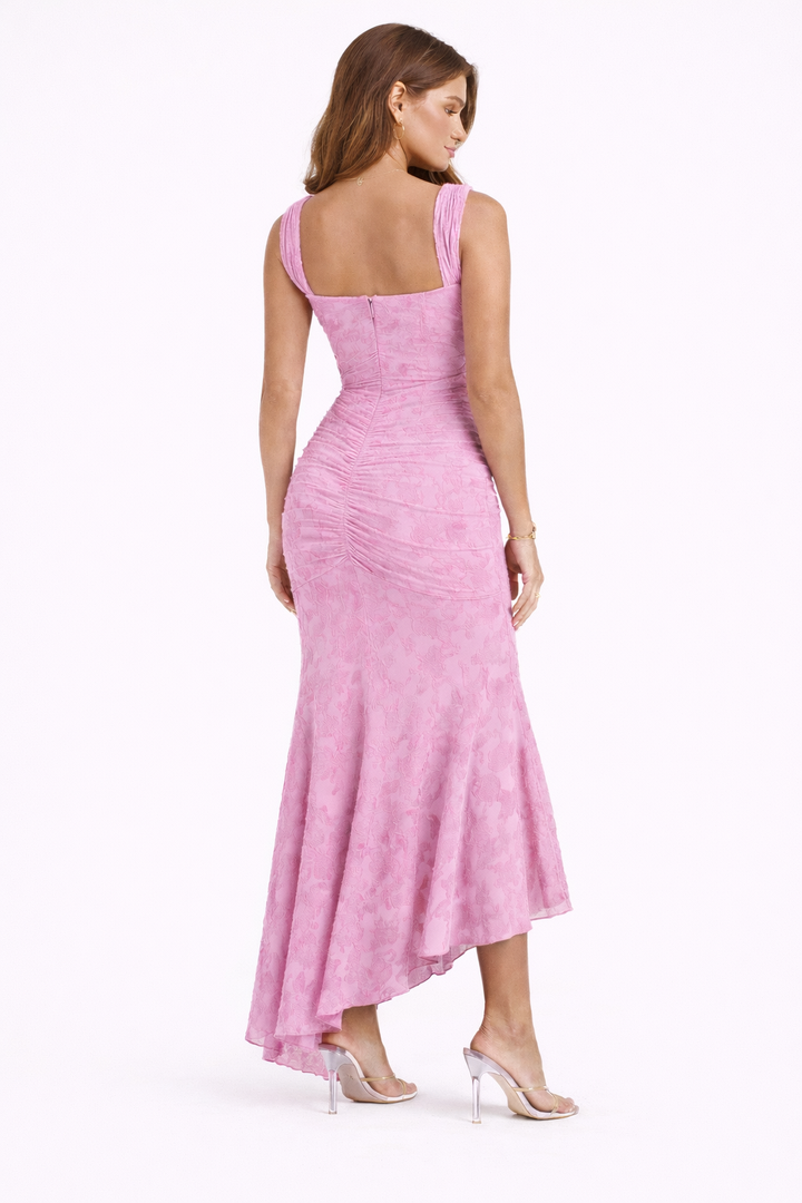 Classic women's evening midi dress with a flattering cowl neck, suitable for formal events.