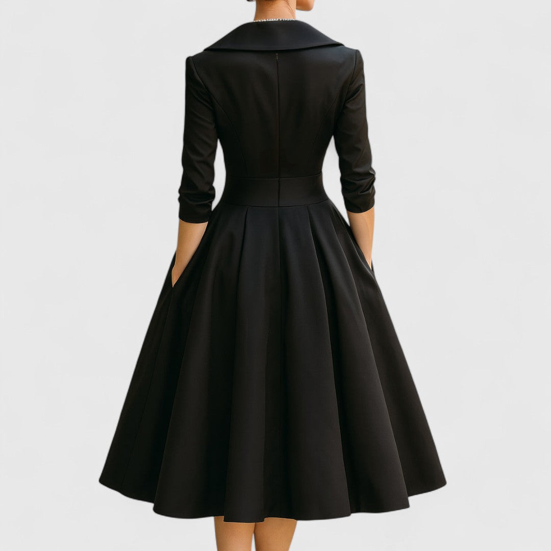 Classic women's midi dress, graceful silhouette, elegant and sophisticated. Sleeveless, versatile occasion wear.