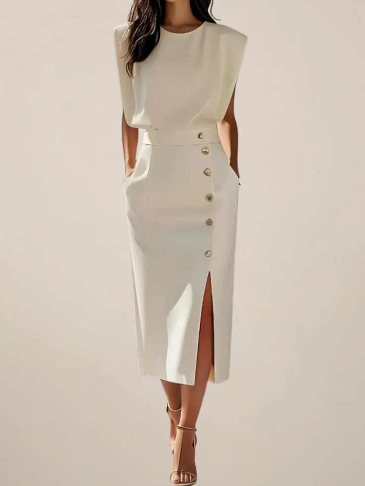 Elegant women's midi dress with a stylish side slit and button details, perfect for spring/summer occasions.