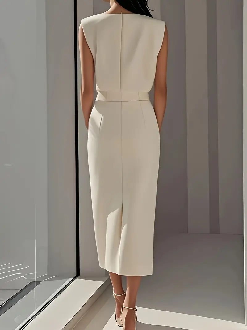 Chic women's midi dress featuring a sophisticated side slit & button accents. Versatile for formal or casual wear.