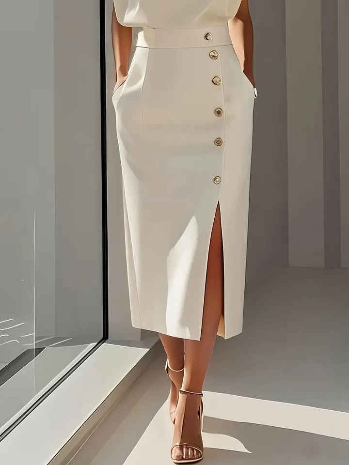 Formal women's elegant midi dress with a sexy side slit, ideal for evening events or chic daytime wear.