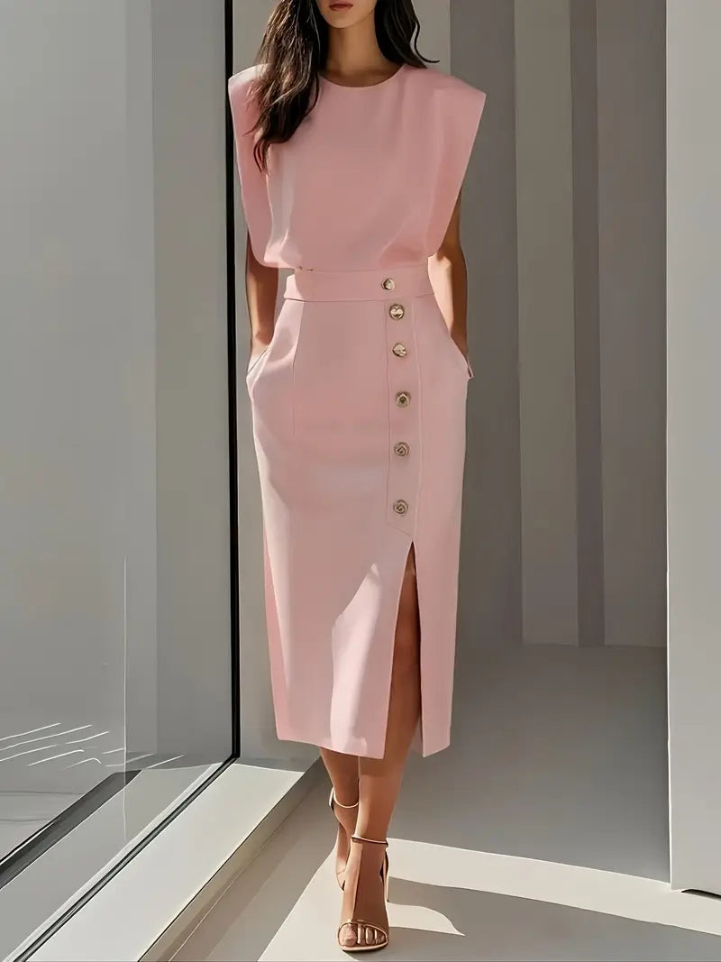 Lightweight women's summer midi dress, elegant and comfortable with a fashionable side slit. Perfect for warm days.