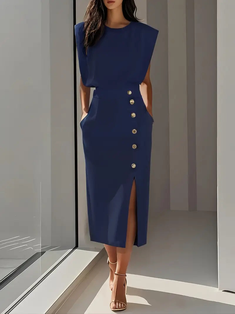 Modern women's elegant midi dress, designed with a classy side slit and intricate button details for a chic look.