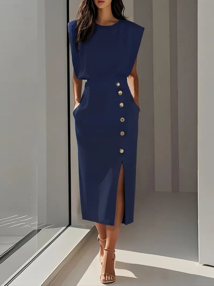 Modern women's elegant midi dress, designed with a classy side slit and intricate button details for a chic look.
