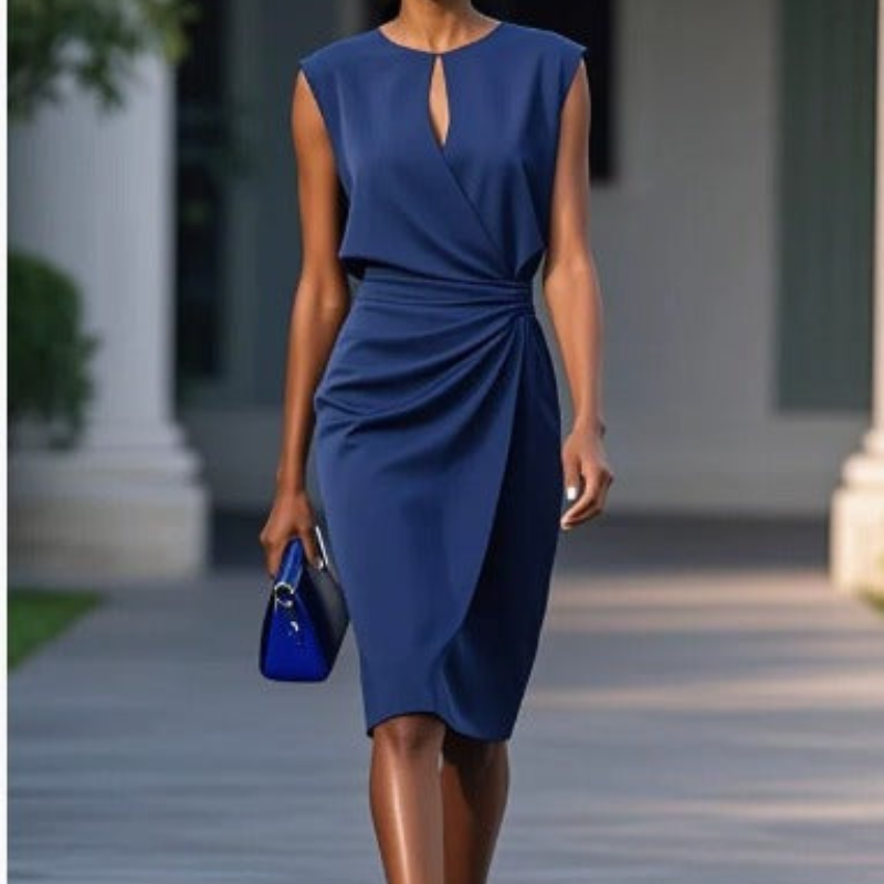 Timeless women's midi dress with a flattering ruched waist, offering an elegant and sophisticated fit.