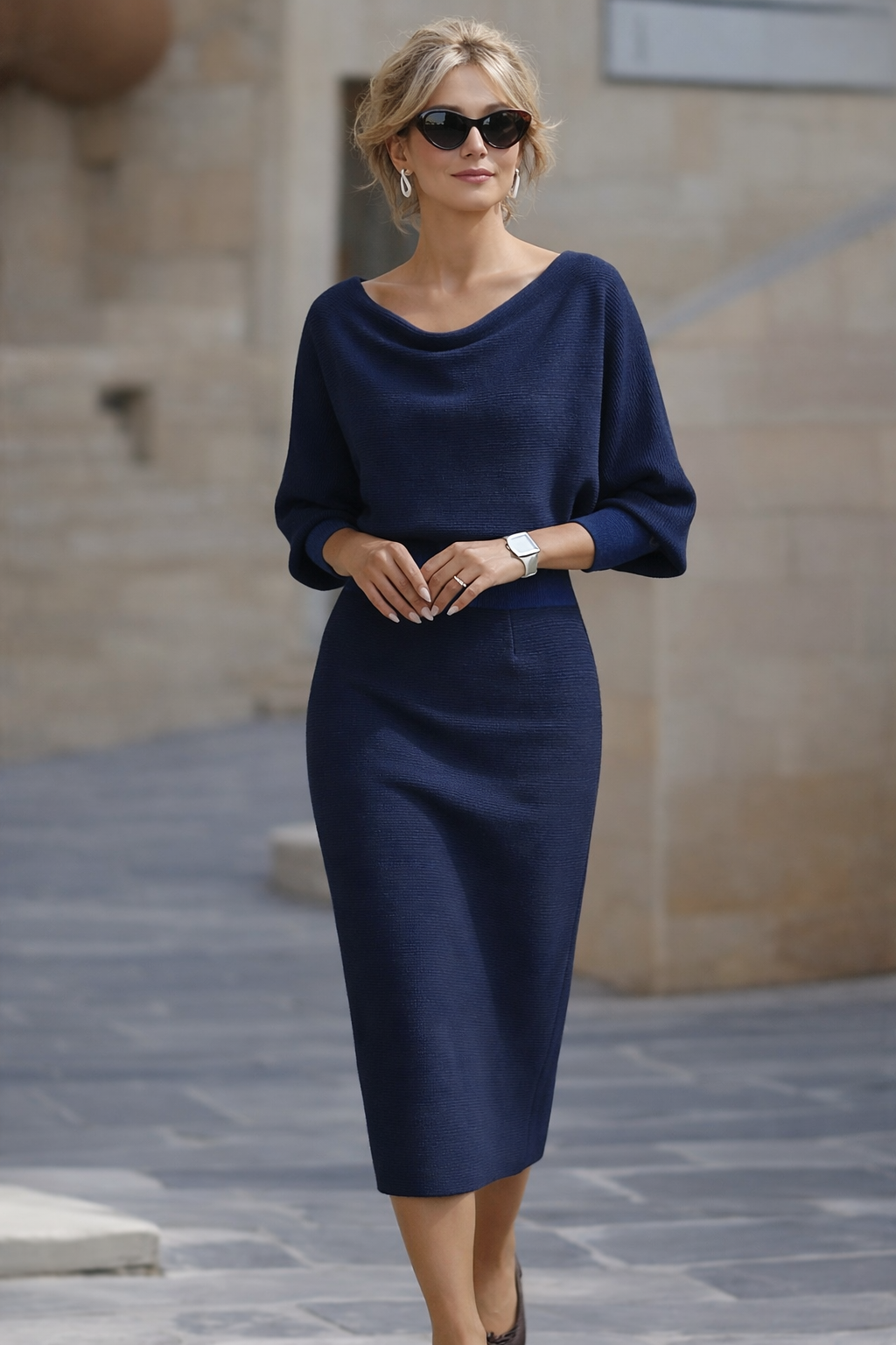Elegant women's midi dress with comfortable round neck, perfect for day to night wear.